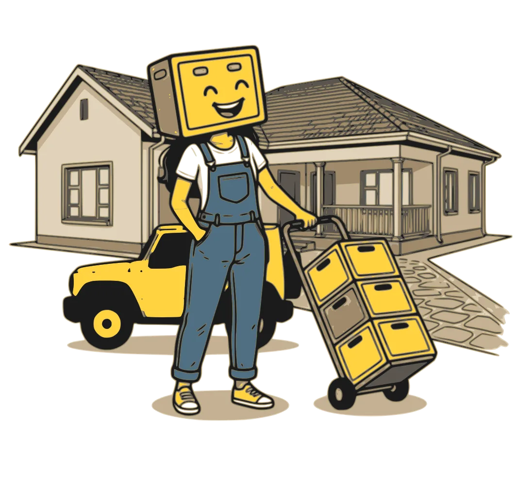 A cheerful Schlep mover with a yellow crate-shaped head, white tee and dark overalls. She wheels a stack of yellow Schlep crates on a dolly, with a tomato-red Jimny and a Joburg bungalow behind her.
